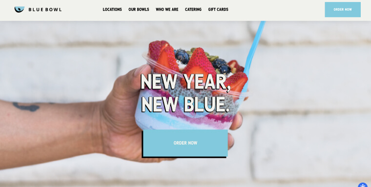 Screenshot of Blue Bowl's homepage.