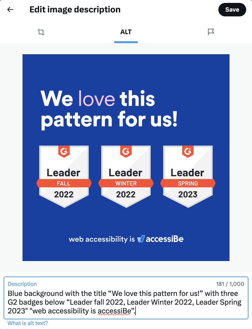 Blue background with title &ldquo;We love this pattern for us!&rdquo;, title written in white with the word &ldquo;love&rdquo; highlighted in pink. Below it, three G2 badges &ldquo;Leader Fall 2022, Leader Winter 2022, Leader Spring 2023&rdquo;. Below it &ldquo;web accessibility is&rdquo;, logo accessiBe on Twitter